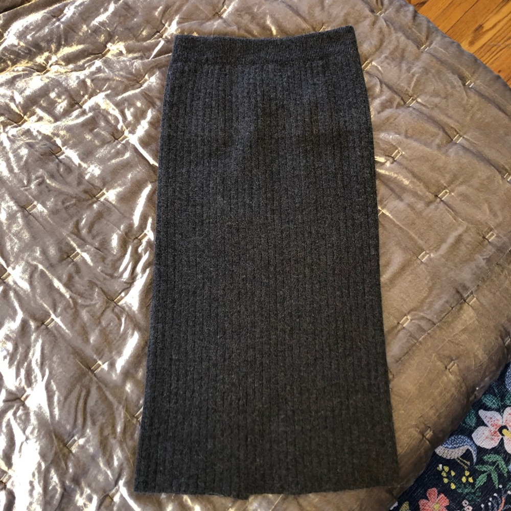 Wool Ribbed (Rib) Knit Midi Skirt Charcoal Grey